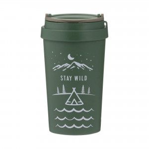 Khaki green travel mug with nature illustration and stay wild text