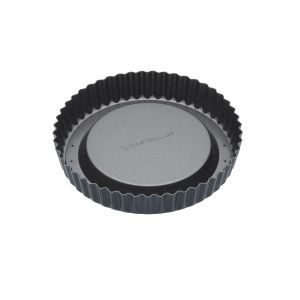 round fluted flan tin with loose, raised base and non-stick coating