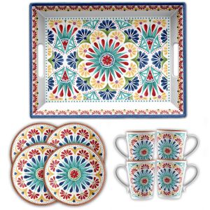 Rio Medallion Rectangular Tray, Side Plate & Mugs Set - 9 Piece