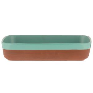 Rectangular shaped terracotta cookware/serveware dish featuring an aqua coloured dipped glaze.