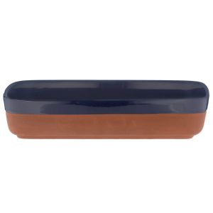 Rectangular terracotta cookware and serveware dish featuring a navy blue dip glaze.
