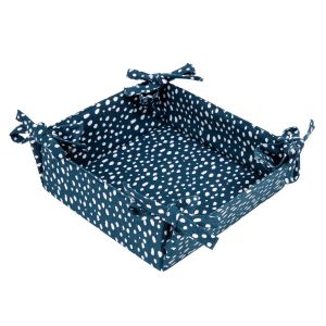 Square foldable bread basket made from ink blue recycled cotton with a white polka dot print.