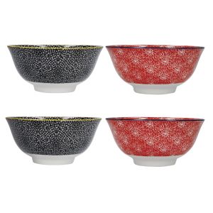 Set of 4 red and black floral bowls with contrasting rim