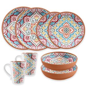 set of moroccan inspired melamine dinner plates, side plates, bowls and mugs for camping and outdoor use