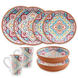 set of moroccan inspired melamine dinner plates, side plates, bowls and mugs for camping and outdoor use