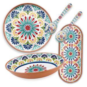 Rio Medallion Melamine Oval Bowl, Oval Tray, Round Platter & Salad Servers Set