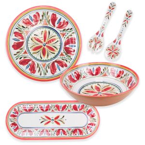 Mediterranean Melamine Round Platter, Oval Tray, Salad Bowl & Salad Servers Set