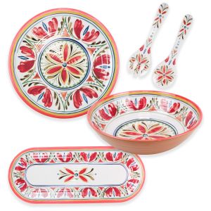 Mediterranean Melamine Round Platter, Oval Tray, Salad Bowl & Salad Servers Set