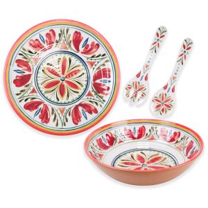 Mediterranean Melamine Round Platter, Salad Bowl & Salad Servers Set