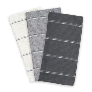 Set of 3 cotton tea towels featuring a waffle design, in red and white striped patterns.