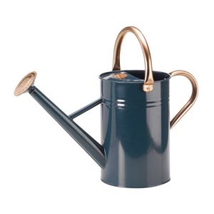 4.5l blue galvanised steel watering can with adjustable brass coloured tubular handles and a detachable watering rose.