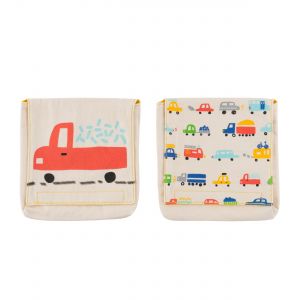 Fold-over food bags, cream in colour with yellow contrast stitching and cartoon car prints