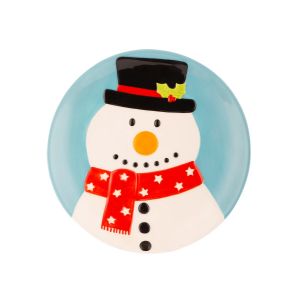 ceramic hand painted Christmas plate with a snowman face design