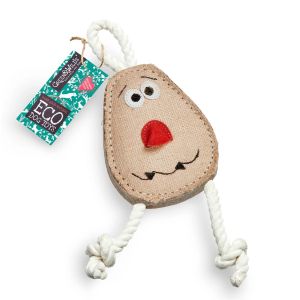 Fun potato-shaped dog toy, with rope additions making it great for playing fetch or tug.
