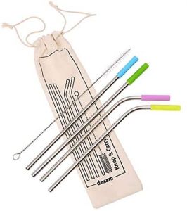 Stainless Steel Straw Set of 4 - & Cleaning Brush in Organic Cotton Bag