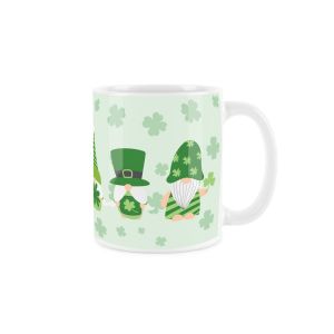 St Patricks day themed mug with green clovers and dressed gonks