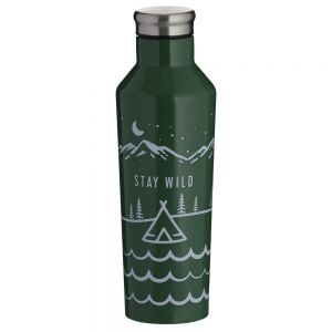 Camping themed illustration water bottle in khaki green and silver screw cap