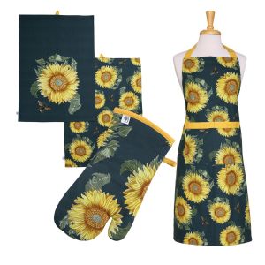RHS endorsed sunflower patterned kitchen apron, tea towels and oven glove set