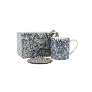 Gift boxed mug, spoon and coaster set with William morris sunflower print