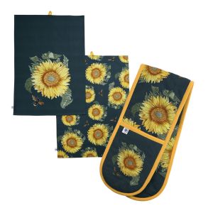 bright sunflower patterned tea towels and matching oven glove for baking