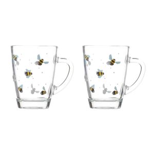set of two small glass mugs with a bumblebee print