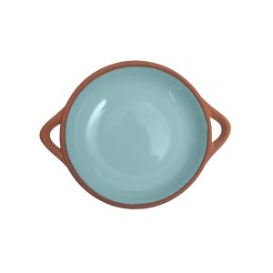 a small terracotta tapas serving dish with a duck egg blue glazed finish