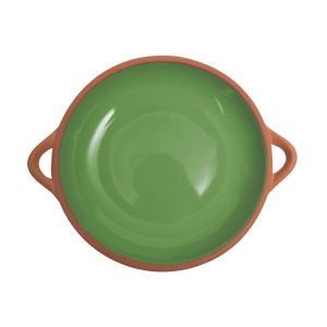 large terracotta tapas dish with a green glazed finish