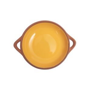 small round terracotta tapas dish with yellow glaze