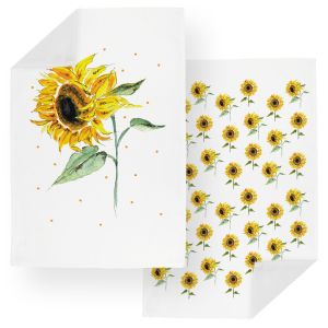 Set of 2 panama cotton tea towels featuring sunflower artwork designs by artist Rhiannon Chauncey