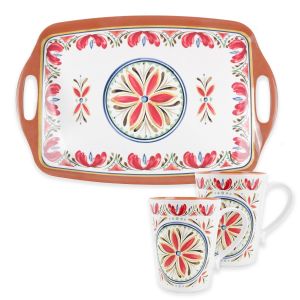 a large rectangular melamine tray with matching mugs, with a red floral design