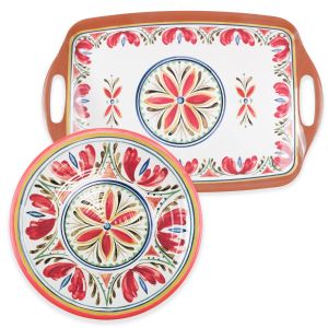 Mediterranean Melamine Tea Tray & Round Platter Set