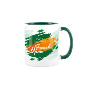 a green and white ceramic mug commemorating the French Open Tennis Tournament