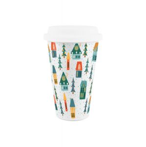 white porcelain travel mug with a silicone lid, with a festive Christmas design