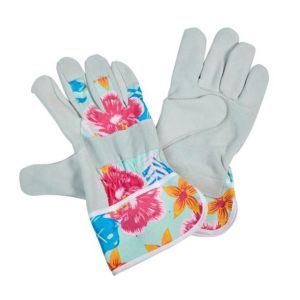 Tropical floral patterned premium rigger gardening gloves with thorn and knuckle guards.