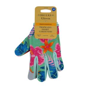 Mint blue/green tropical floral gardening gloves with velcro straps and padded palms for an ergonomic fit with thorn resistance.