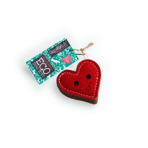 Red heart-shaped dog chew toy, made using sustainable materials.