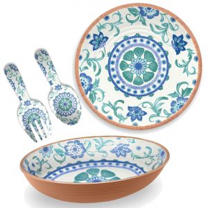 Turquoise Floral Melamine Salad Serving Set with Platter