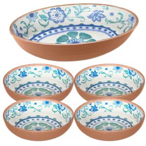 Turquoise Floral Melamine Oval Serve Bowl & Low Bowls Set