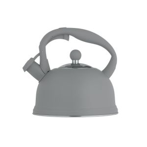 grey stove top whistling kettle with a soft touch handle and flip top spout