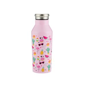 Pink emoji water bottle with colourful printed illustrations, suitable for school children