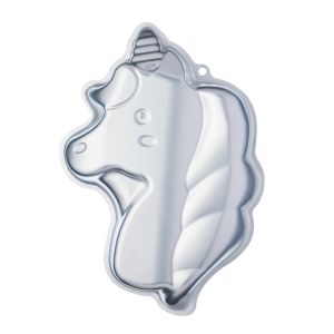 Silver-anodised aluminium baking cake pan shaped like a unicorn head.