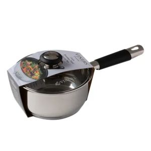 Stainless steel saucepan with soft grip handle and glass lid