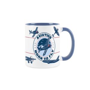 blue ceramic mug with vintage plane design