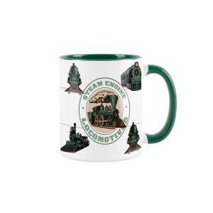 green and white ceramic mug with a vintage steam train design