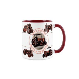 red and white ceramic mug with a vintage tractor design