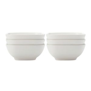 Set of 6 small white porcelain bowls, designed for serving snacks or tapas-style dishes.