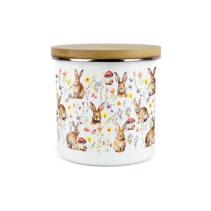 Large enamel canister with a bamboo lid, featuring a fun wildflower meadow and rabbits design.