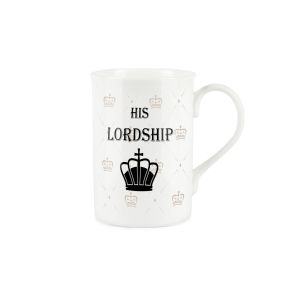 Fine bone china mug with curved lip and royal print and text