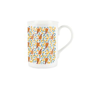white bone china mug with a festive partridge & pears design