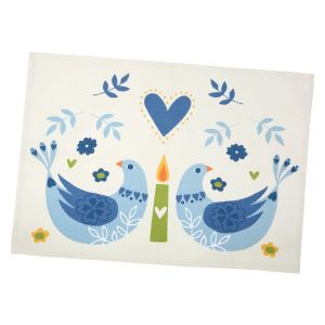 Cotton tea towel featuring a pair of blue birds surrounded by foliage, flowers and hearts.